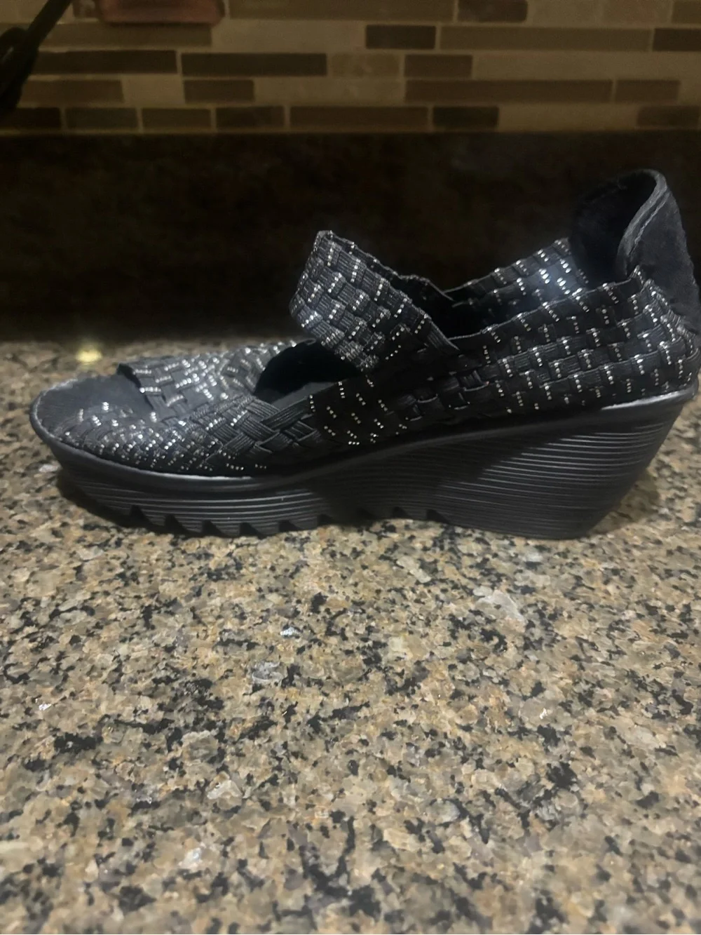 bernie mev. Black Woven Elastic Platform Espadrilles